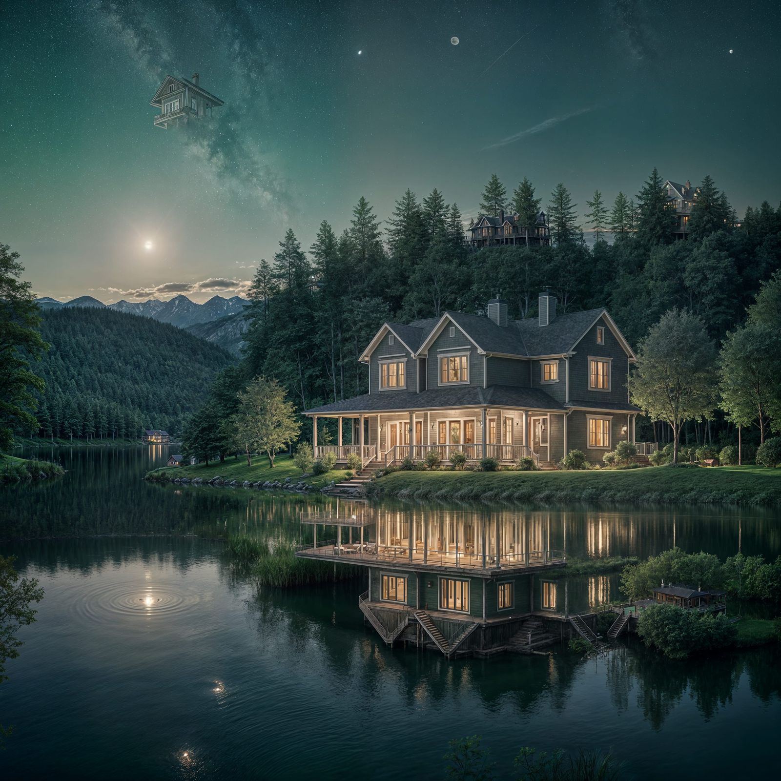 Elegant Lakefront Estate Under Moonlit Skies