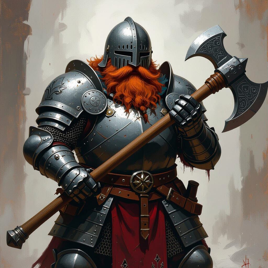 Dwarf Knight in Shining Armor with Engraved Axe