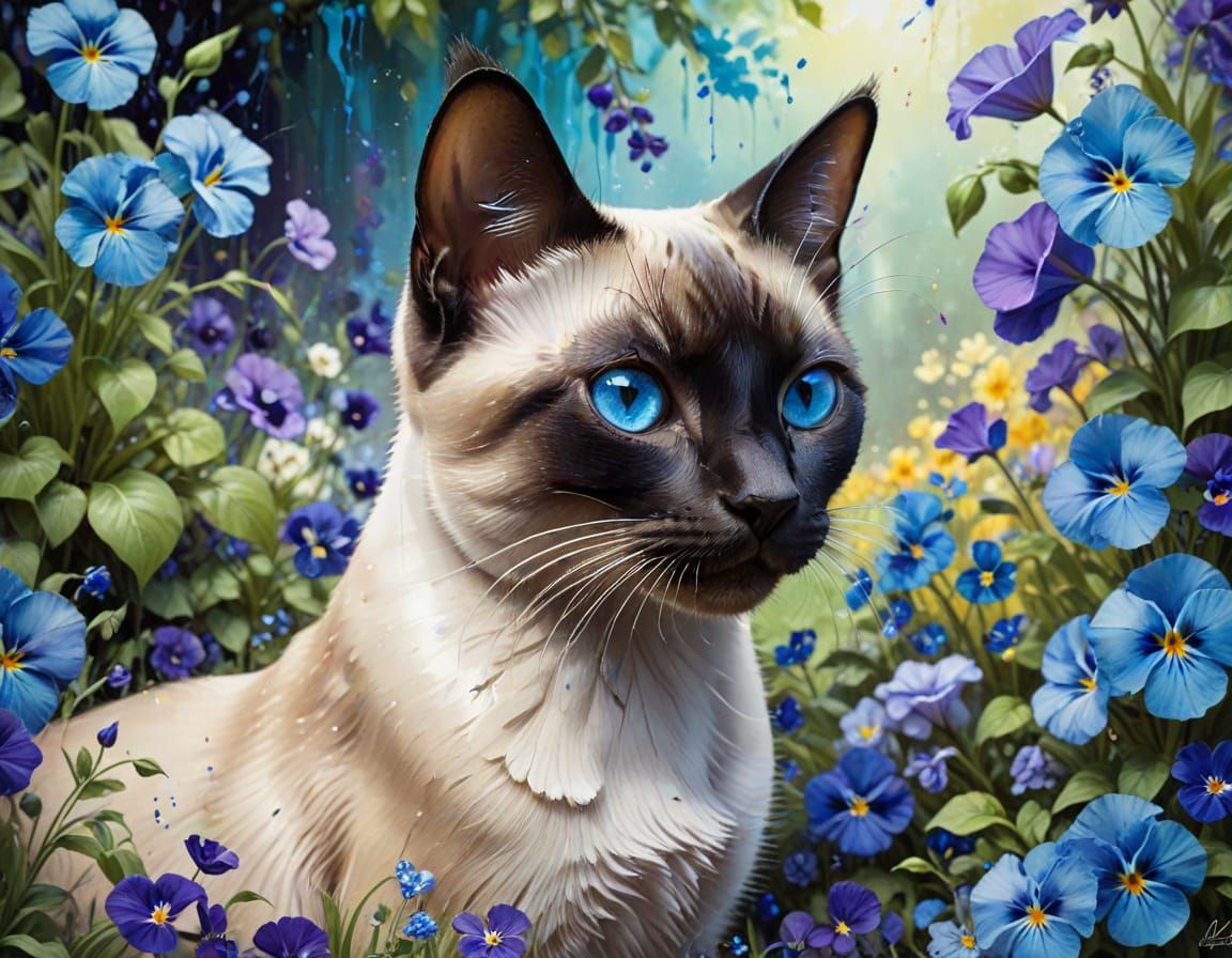 Vibrant Siamese Cat in Whimsical Garden