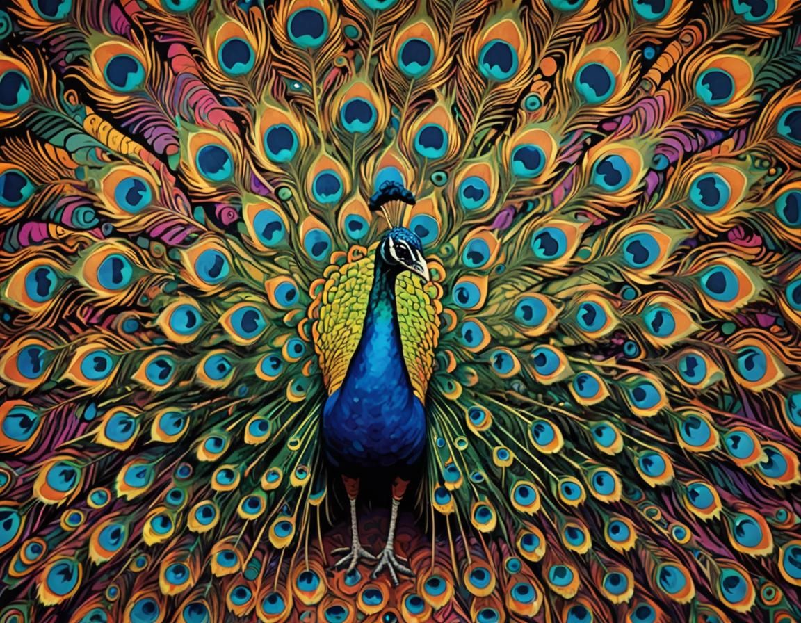 Psychedelic Peacock Displaying Colorful Feathers