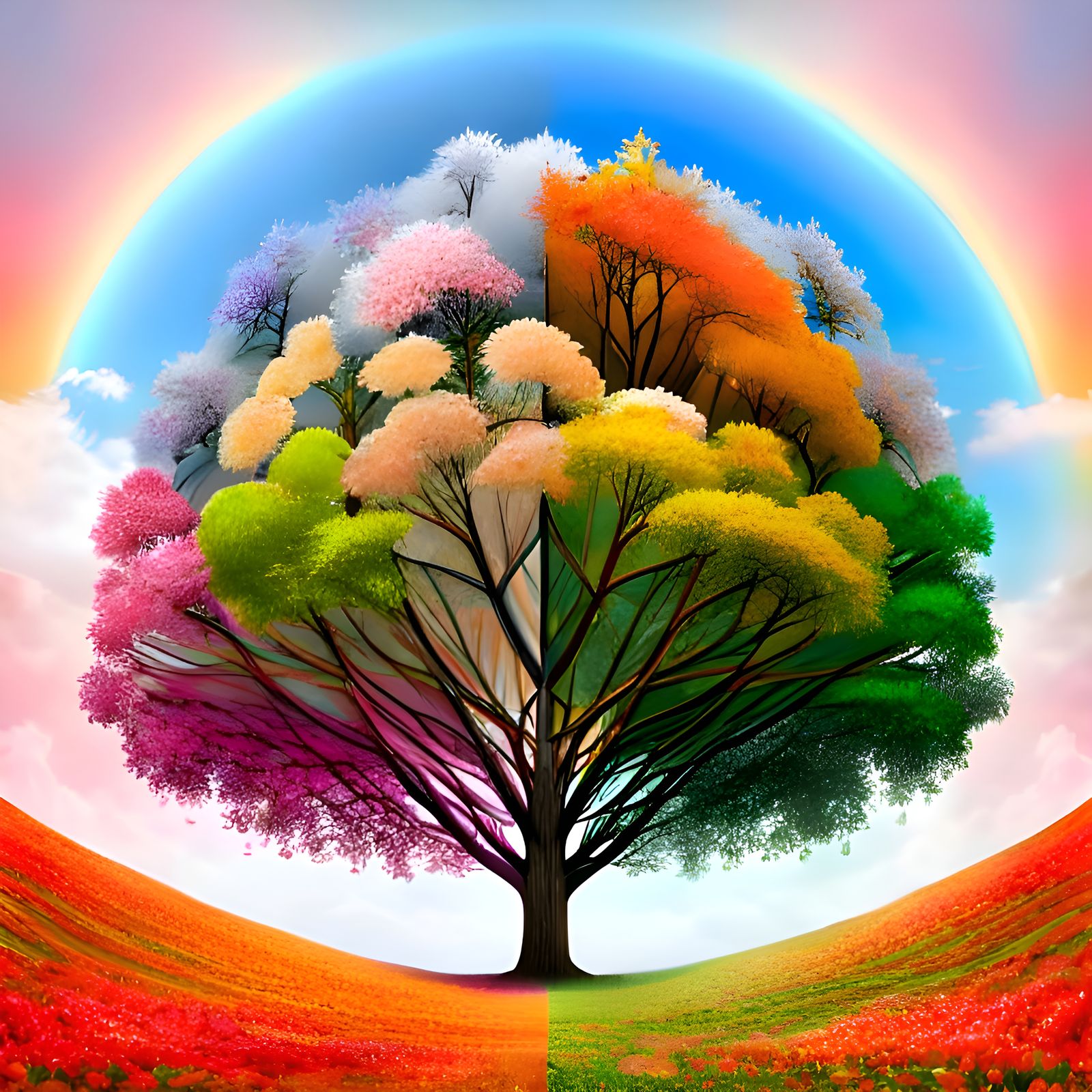 All Seasons Tree: Realistic Maximalist Illustration