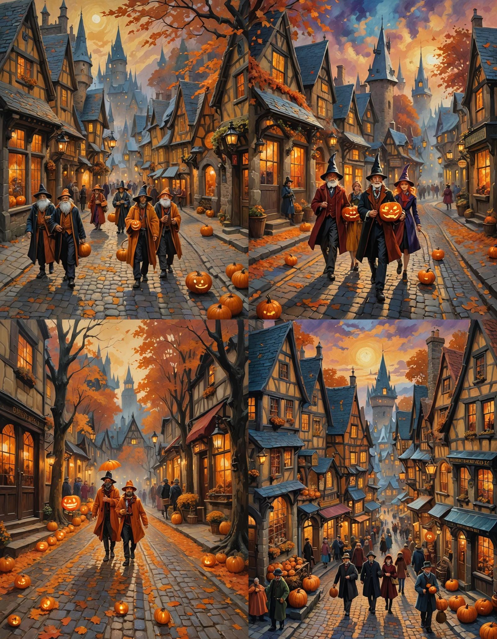Hogsmeade Street Scene in Autumn, Oil Painting