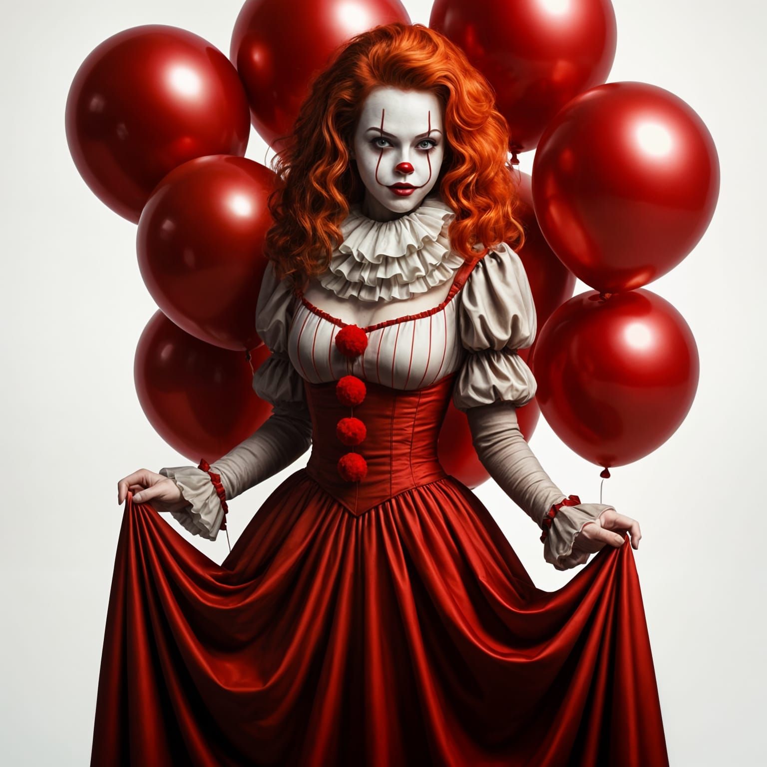 Woman in Pennywise Clown Costume with Red Balloons