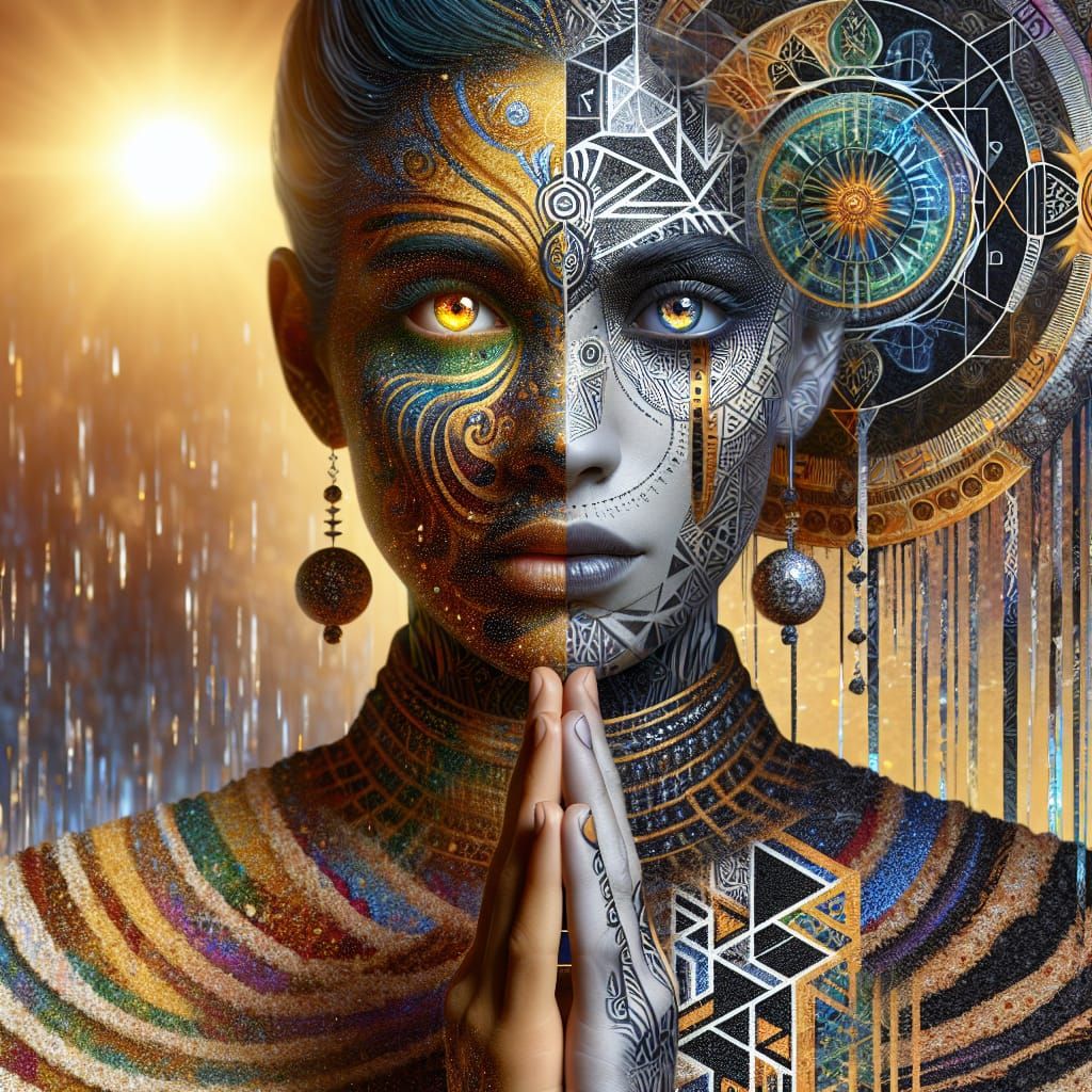 Woman in Prayer with Pointillism and Runes