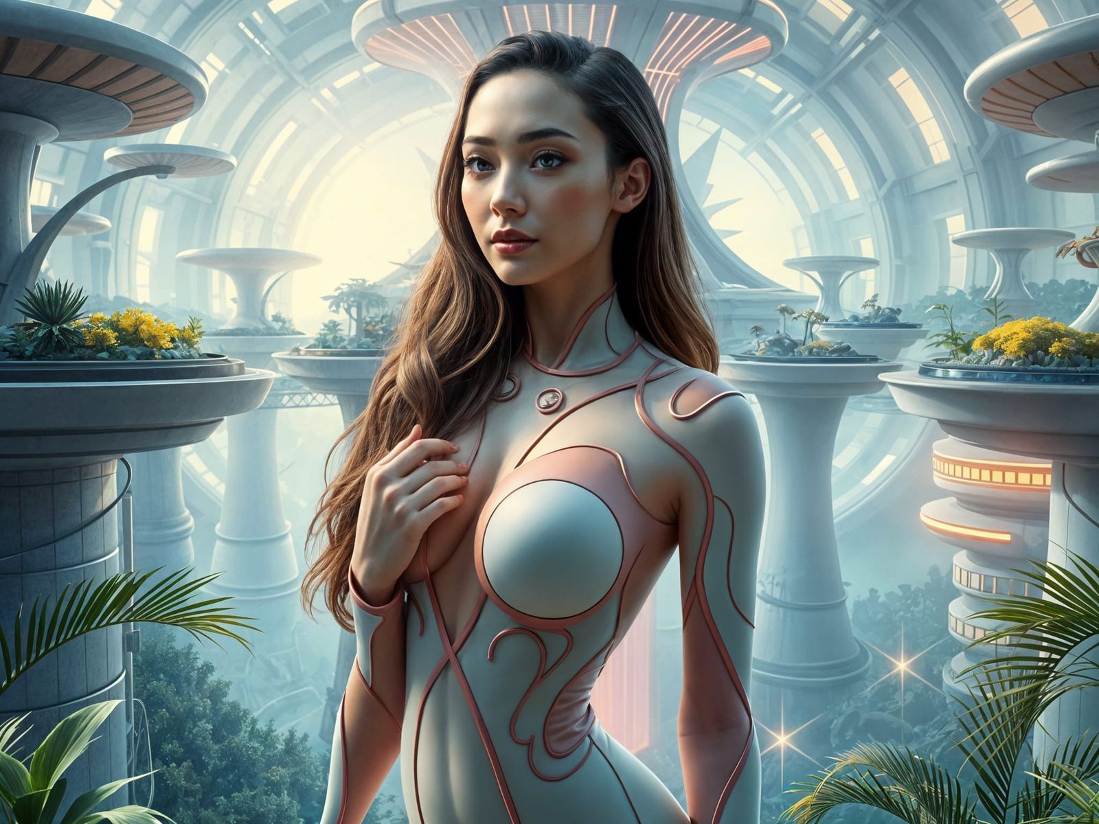 Woman in Futuristic Eden with Bioluminescent Sapphire Eyes