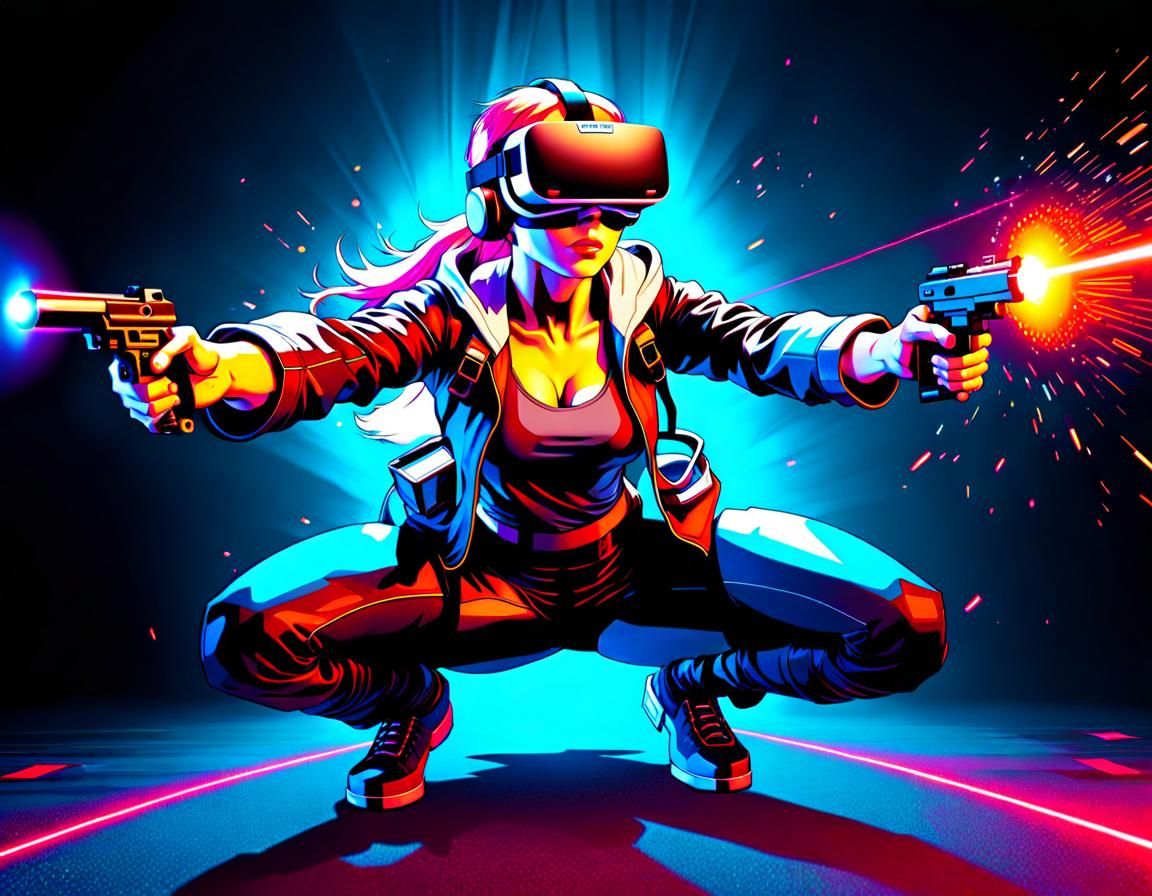 VR Gamer in Aetherpunk Style With Laser Gun