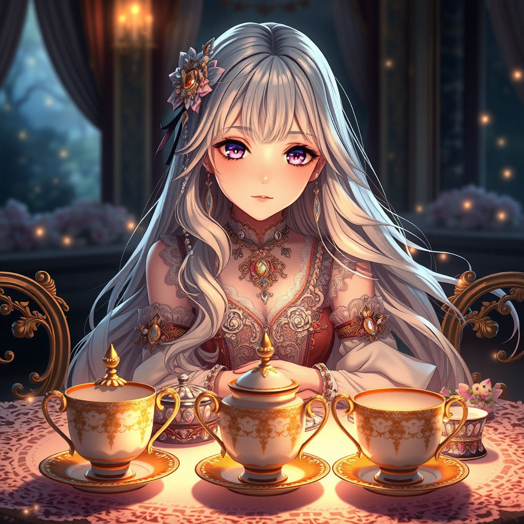 Anime Girl's Opulent Tea Party in Victorian Style