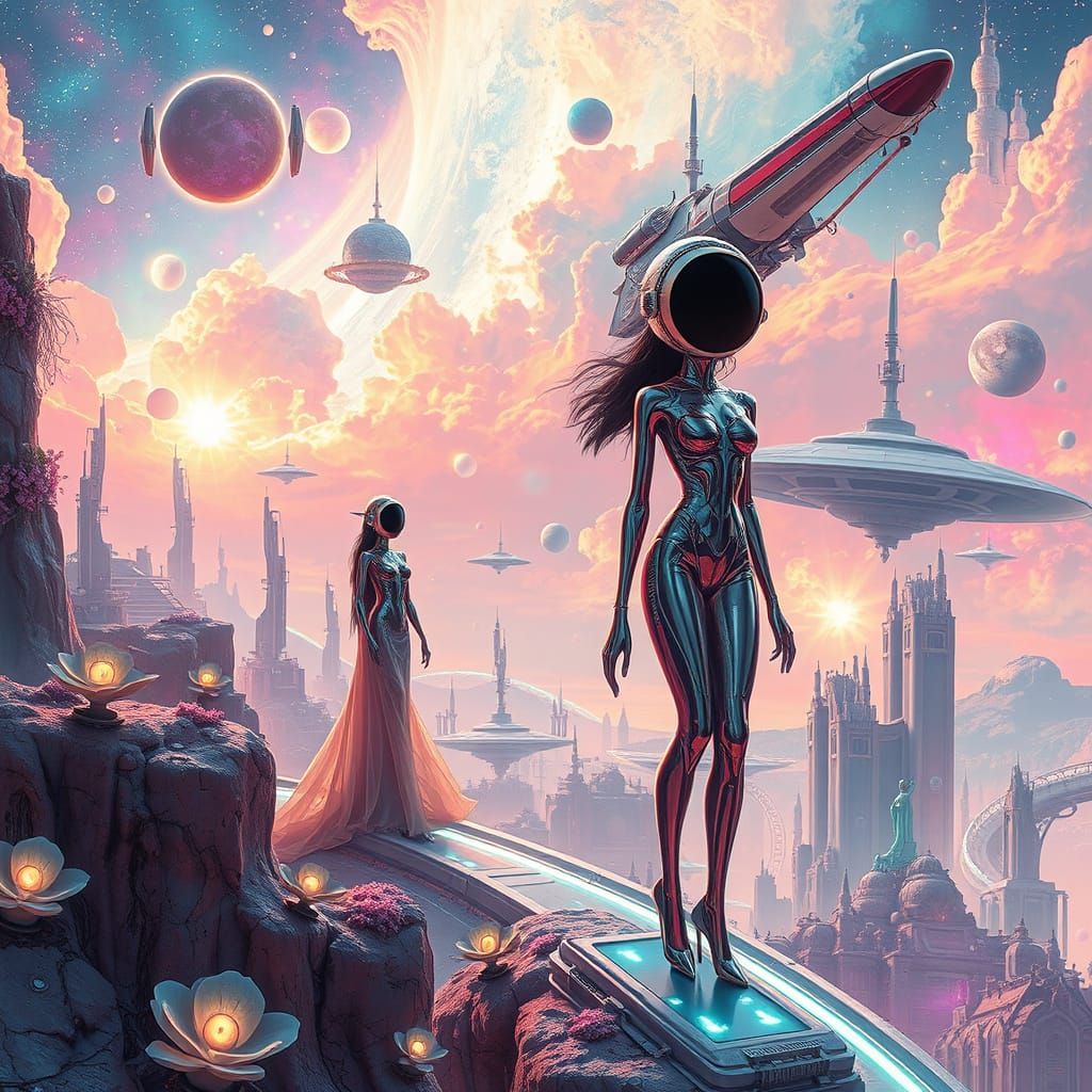 Ethereal Futuristic Cosmos with Minimalist Architecture