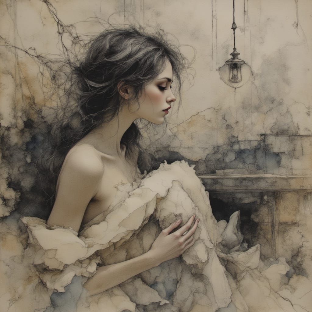 Charcoal and White Chalk Drawing of Feminine Back in Dramati...