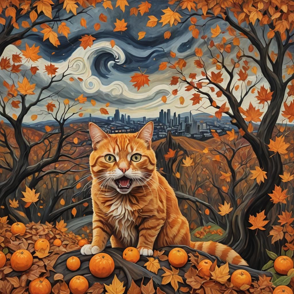 Cat Mimics 'The Scream' in Autumn Landscape