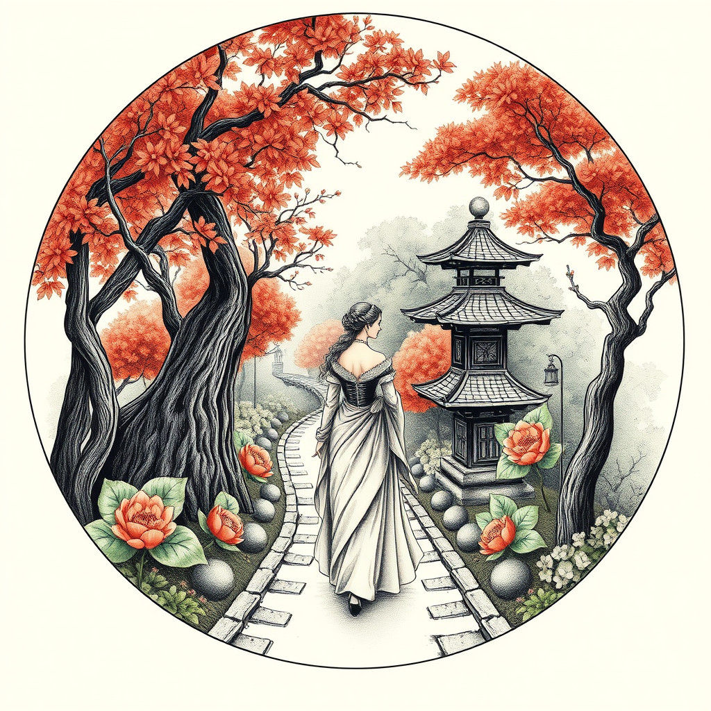 Woman in Zen Garden: 3D Fine Line Portrait