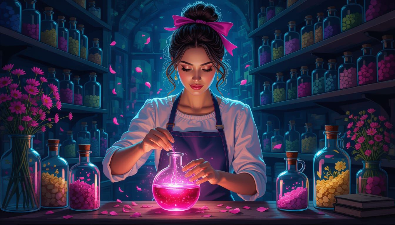 Magic Shop Woman with Potion, Post-Impressionism Style