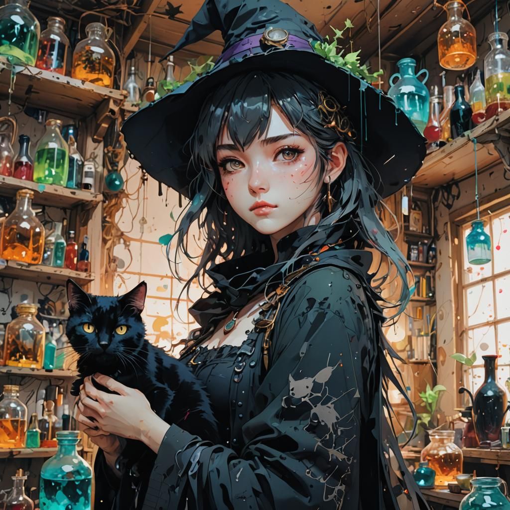 Anime Witch with Cat Amidst Colorful Potions