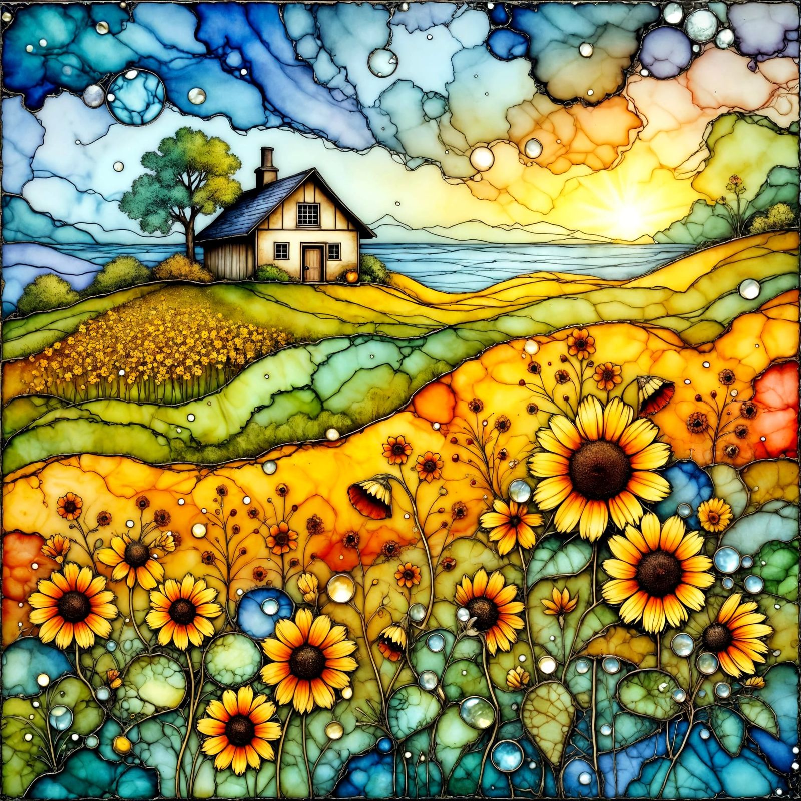Sunflower Hills and Cottage in Alcohol Ink Style