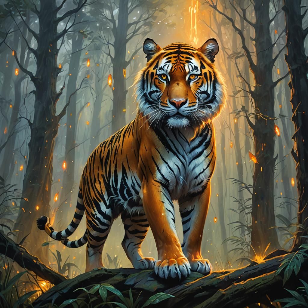 Majestic Tiger in Misty Forest: Fantasy Realism