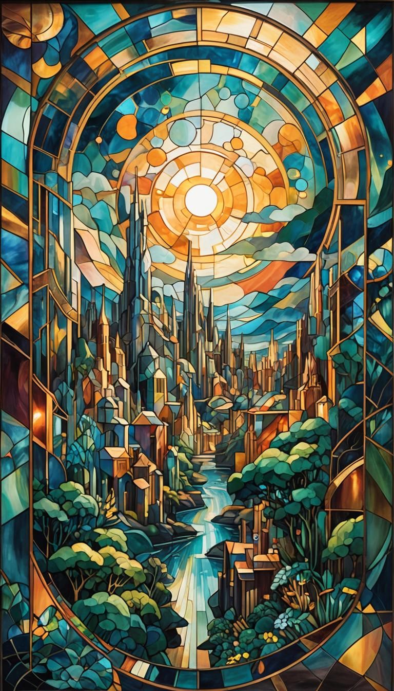 Astral Landscape in Cubist Stained Glass Style