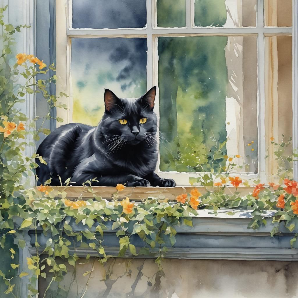 Black Cat at Window: Watercolor Summer Afternoon