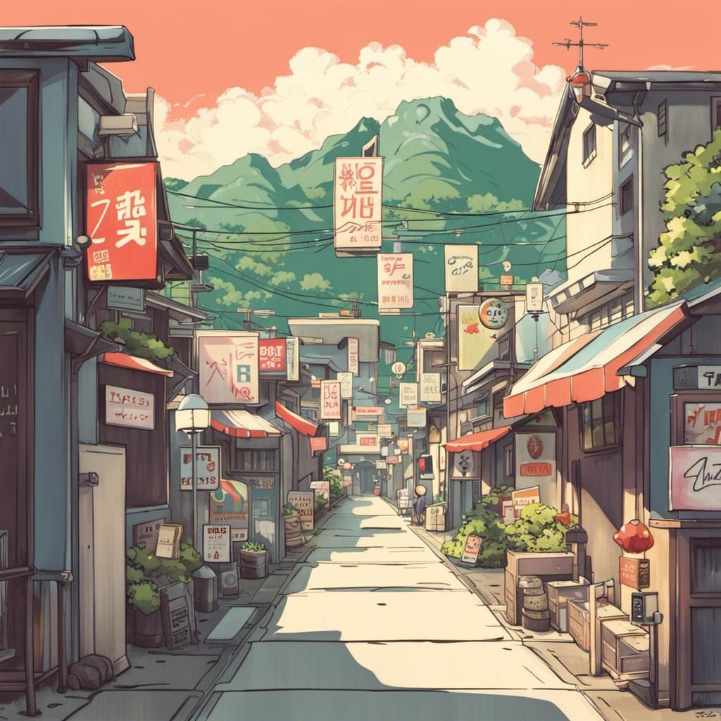 Retro Anime Town in Japanese Manga Style