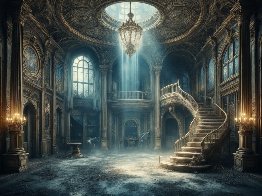 Moonlit Ballroom in Decaying Mansion