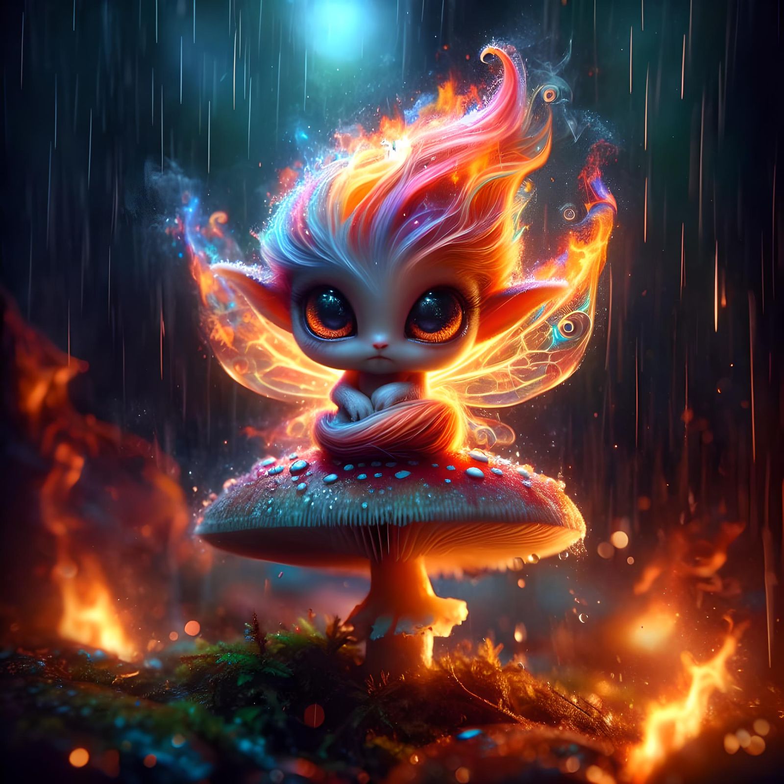 Enchanting Fire Faerie Portrait in Misty Forest