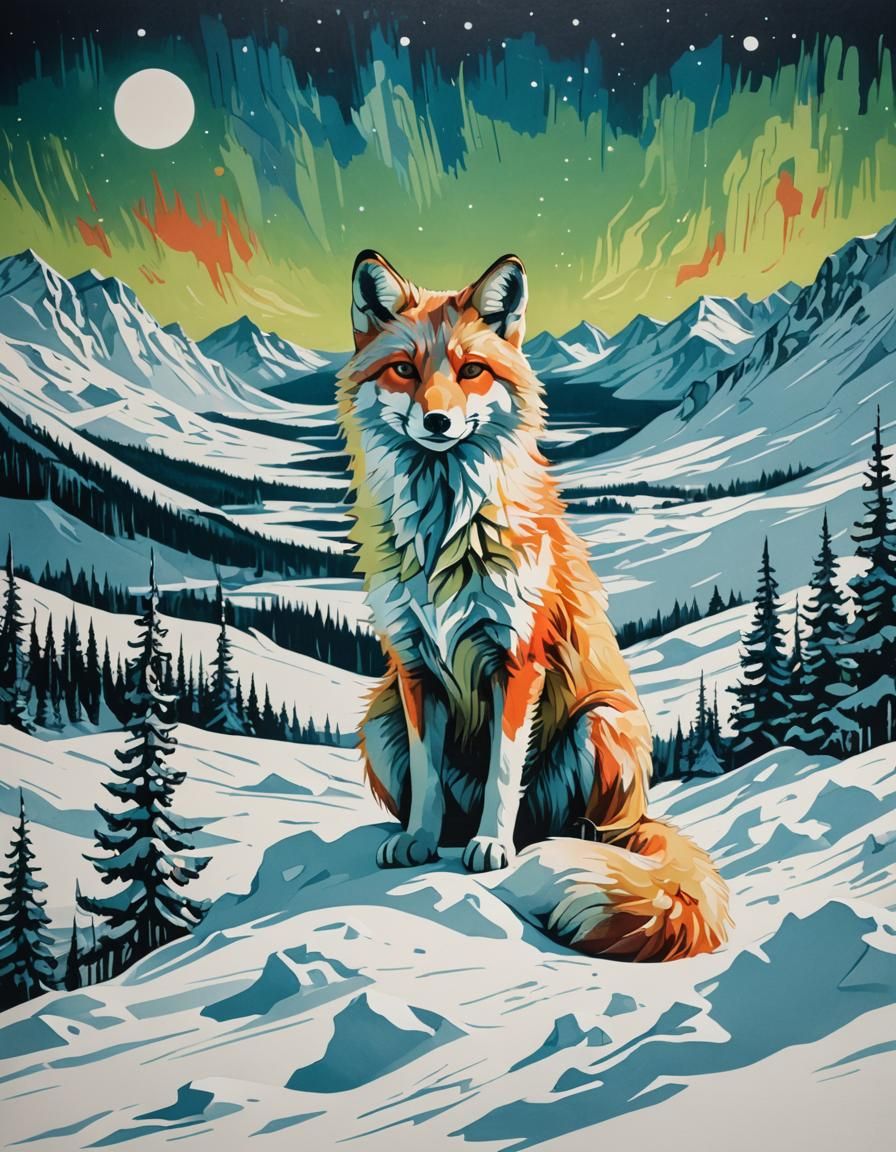 Snow Fox Portrait in Dadaist Style with Aurora Borealis
