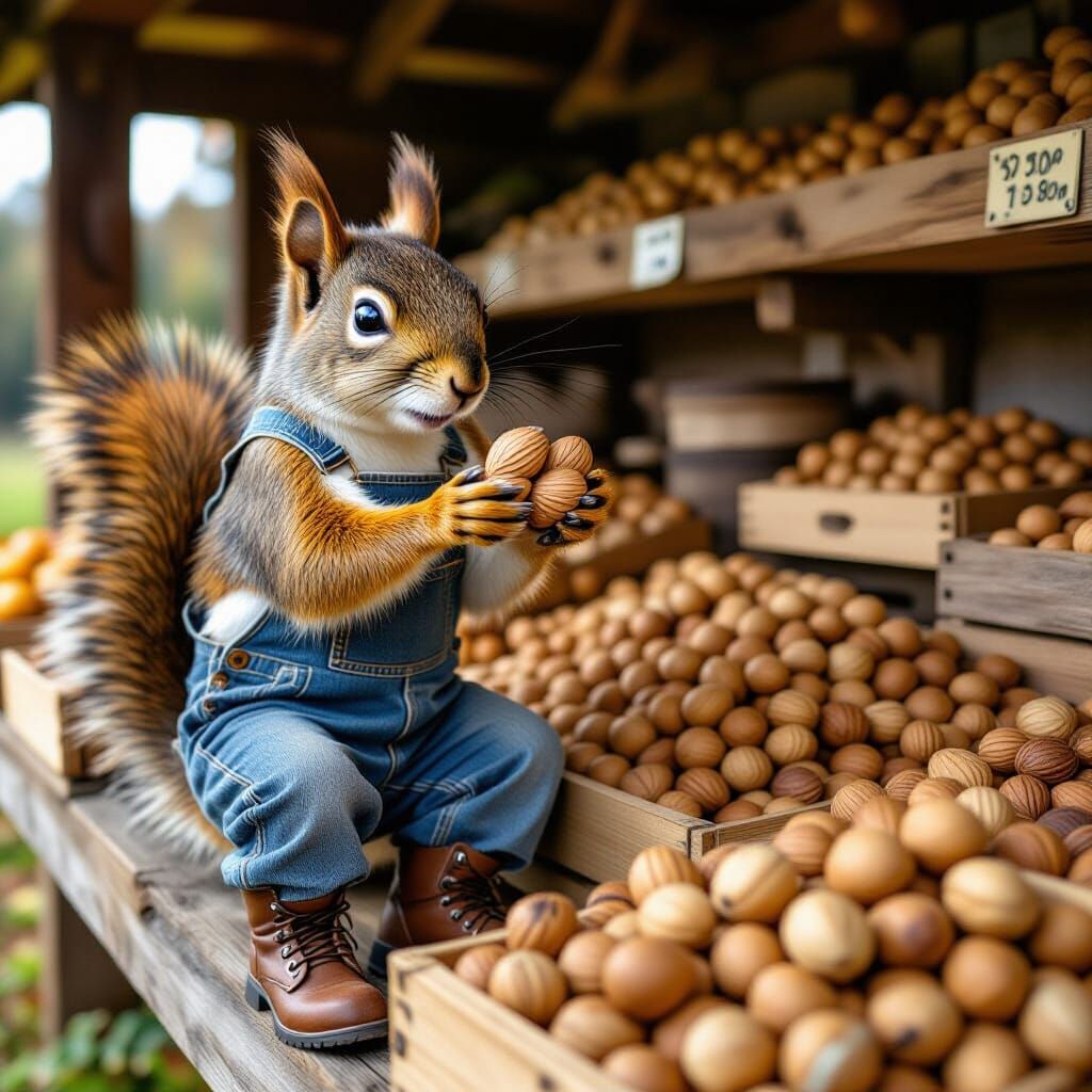 squirrel in overalls and boots on farmstand havin' many thou...