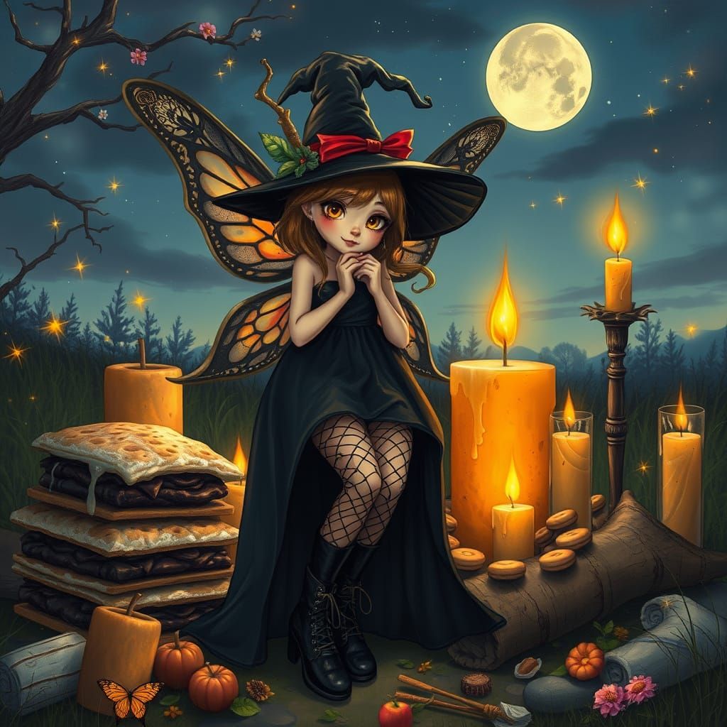 Fairy Witch in Goth Style Under Summer Sky