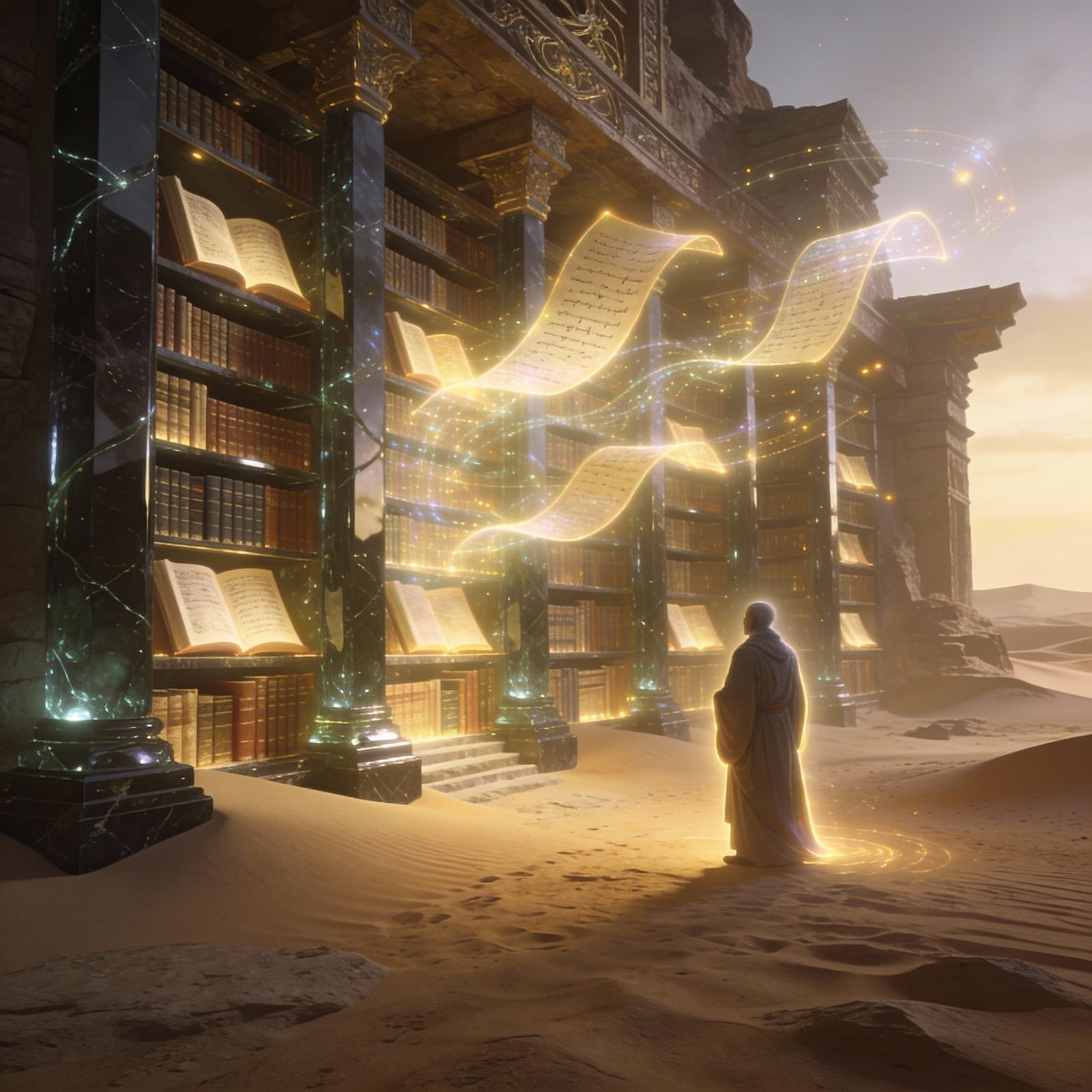 Majestic Ancient Library Reconstructed with Holographic Scro...
