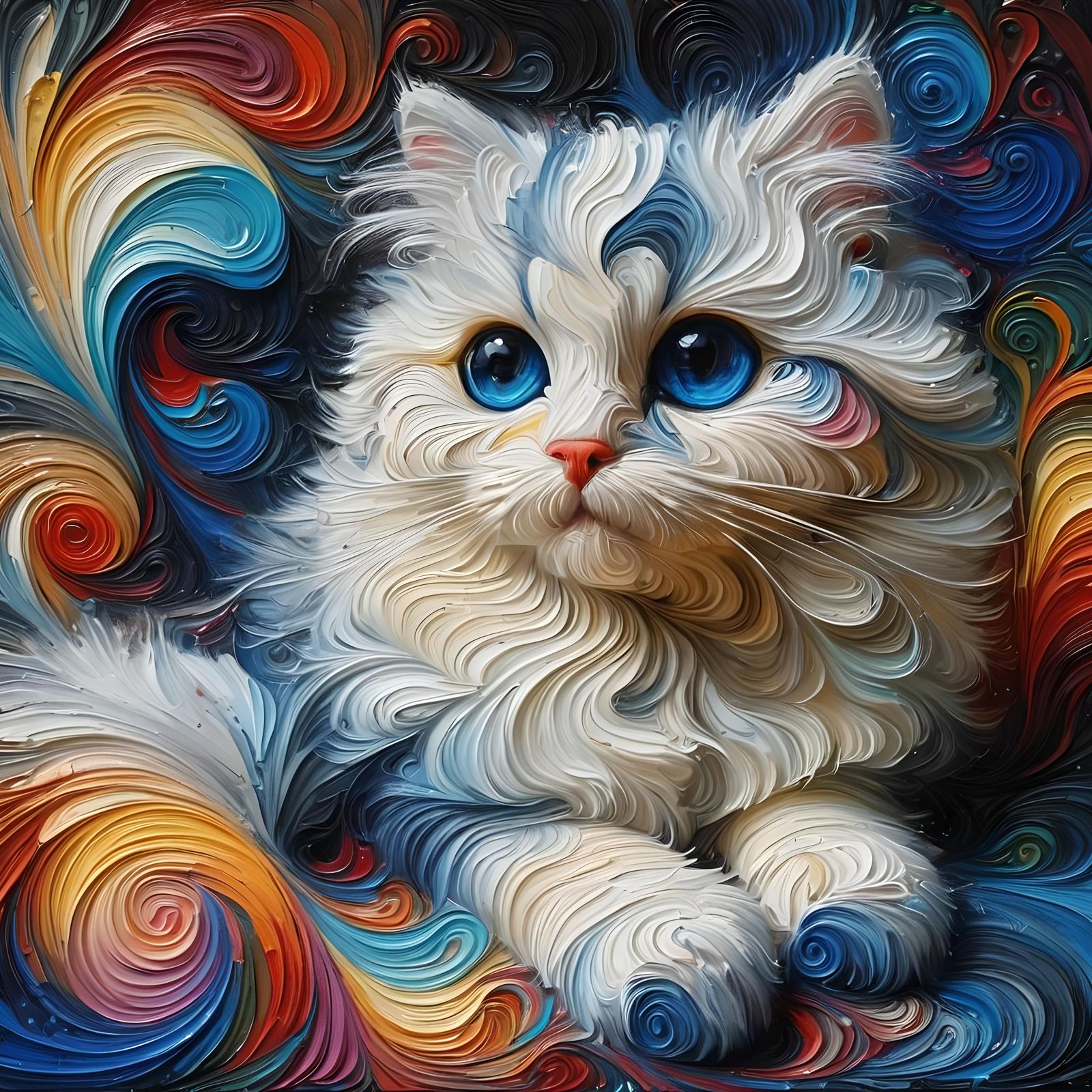 Abstract Impasto Painting of a Multicolored Cat