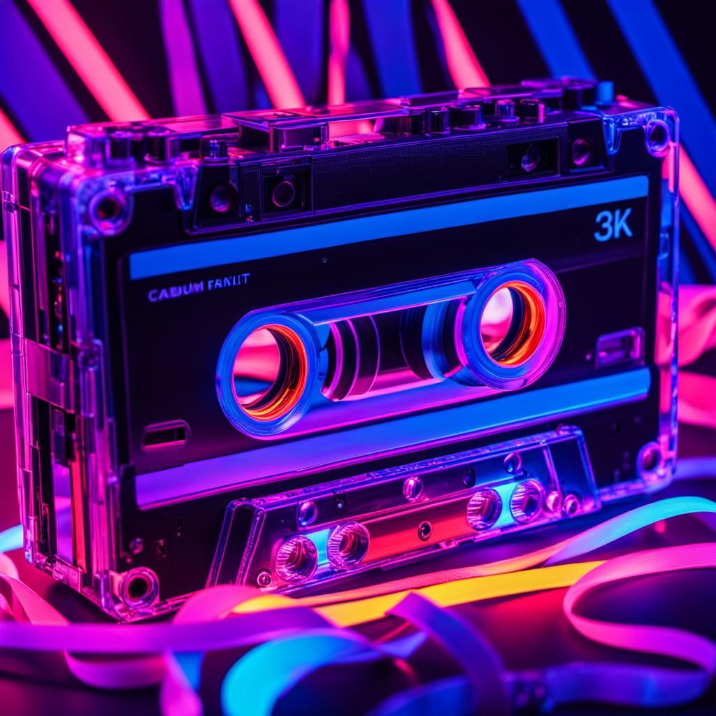 Surreal Neon Cassette Player with Pulled Tape