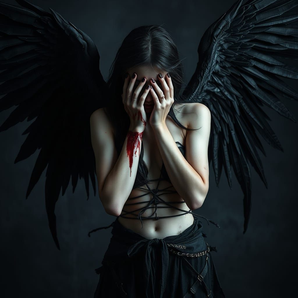Dark Fantasy Fallen Angel in Dramatic Lighting