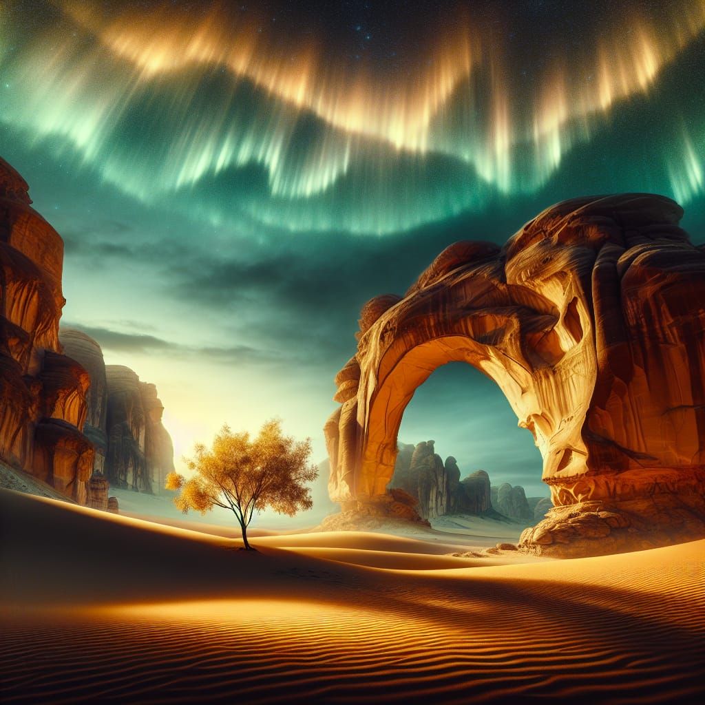 Hyperrealistic Desert Landscapes with Swirling Auroras