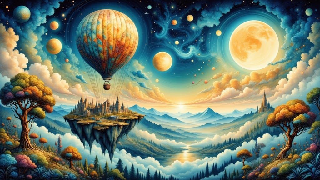 Ethereal Dreamscape with Vintage Hot Air Balloon