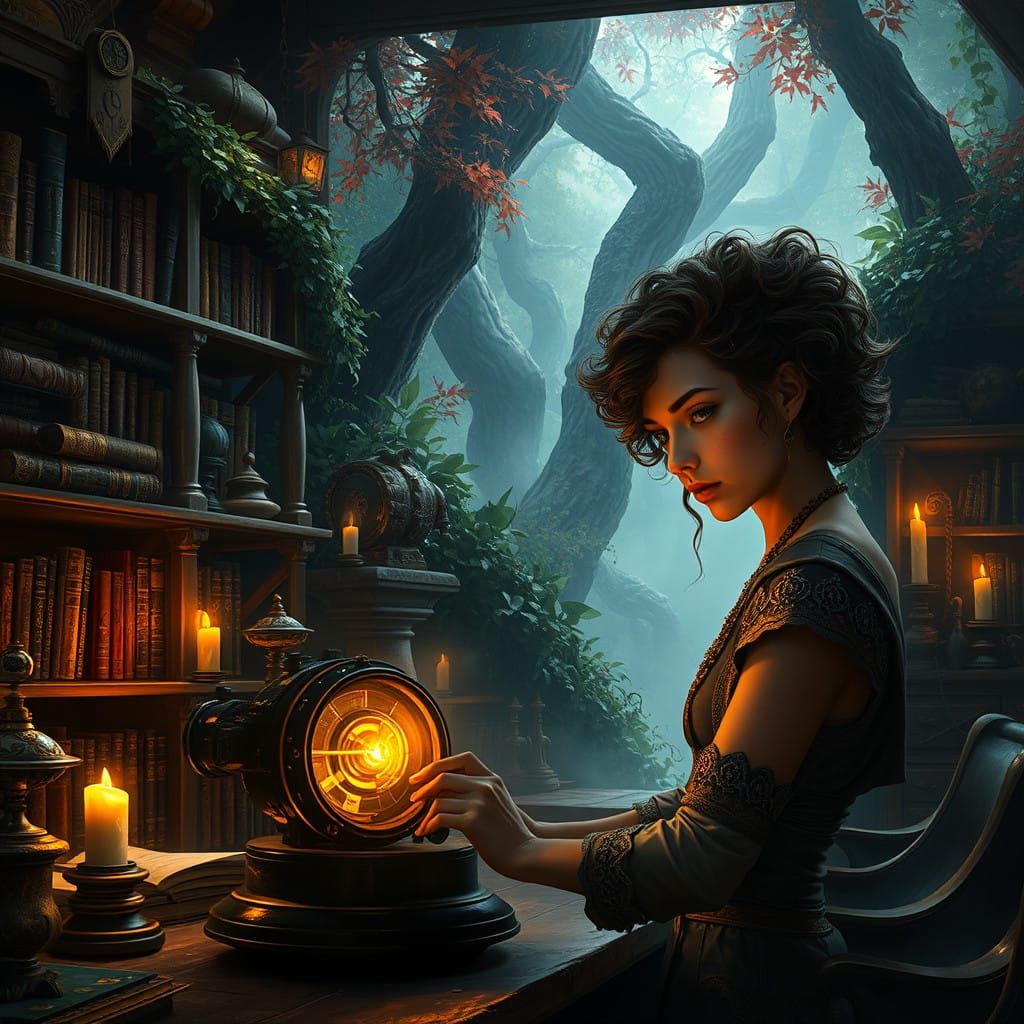 Mystical Inventor in a Lush Workshop