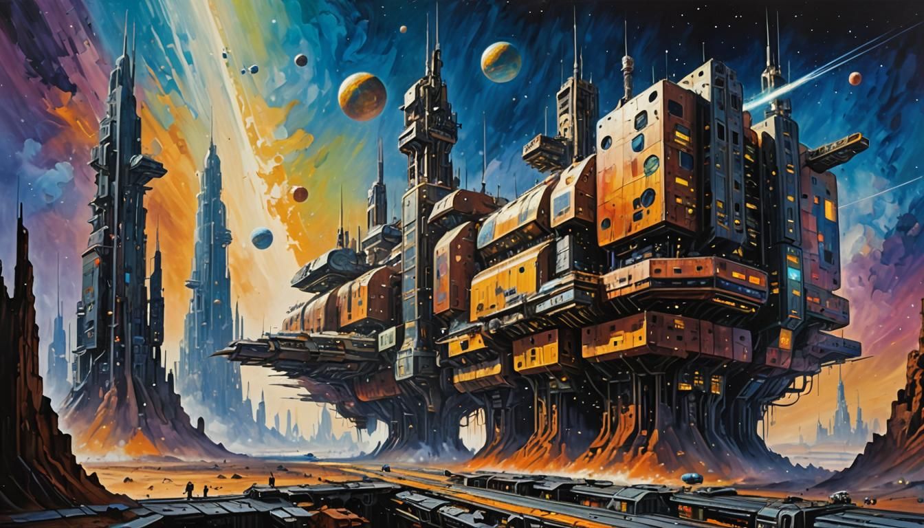 Epic Space City Hyperjump in Expressive Impressionist Style