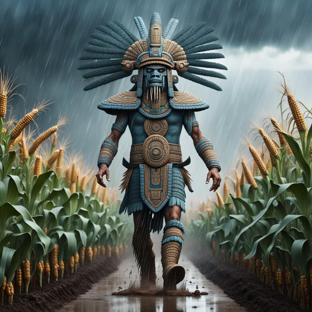 Tlaloc: Aztec Rain God in Cornfield