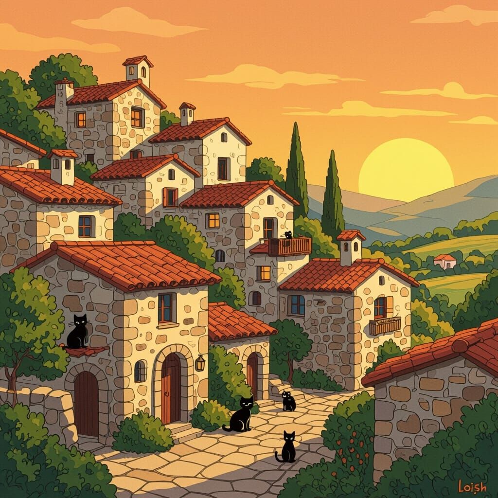 Charming Village with Cats in Escher-Mead-Loish Style