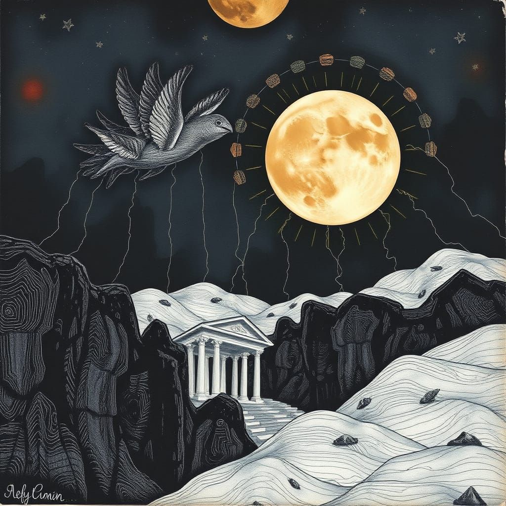 Moon Falling in Mixed Media Collage