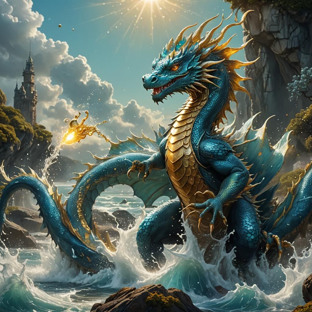 Silver-Blue Water Dragon Emerges in Turquoise and Gold