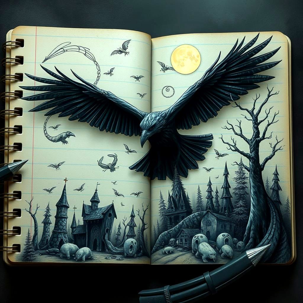Ethereal Doodle Scene in a Dark Notepad Realm