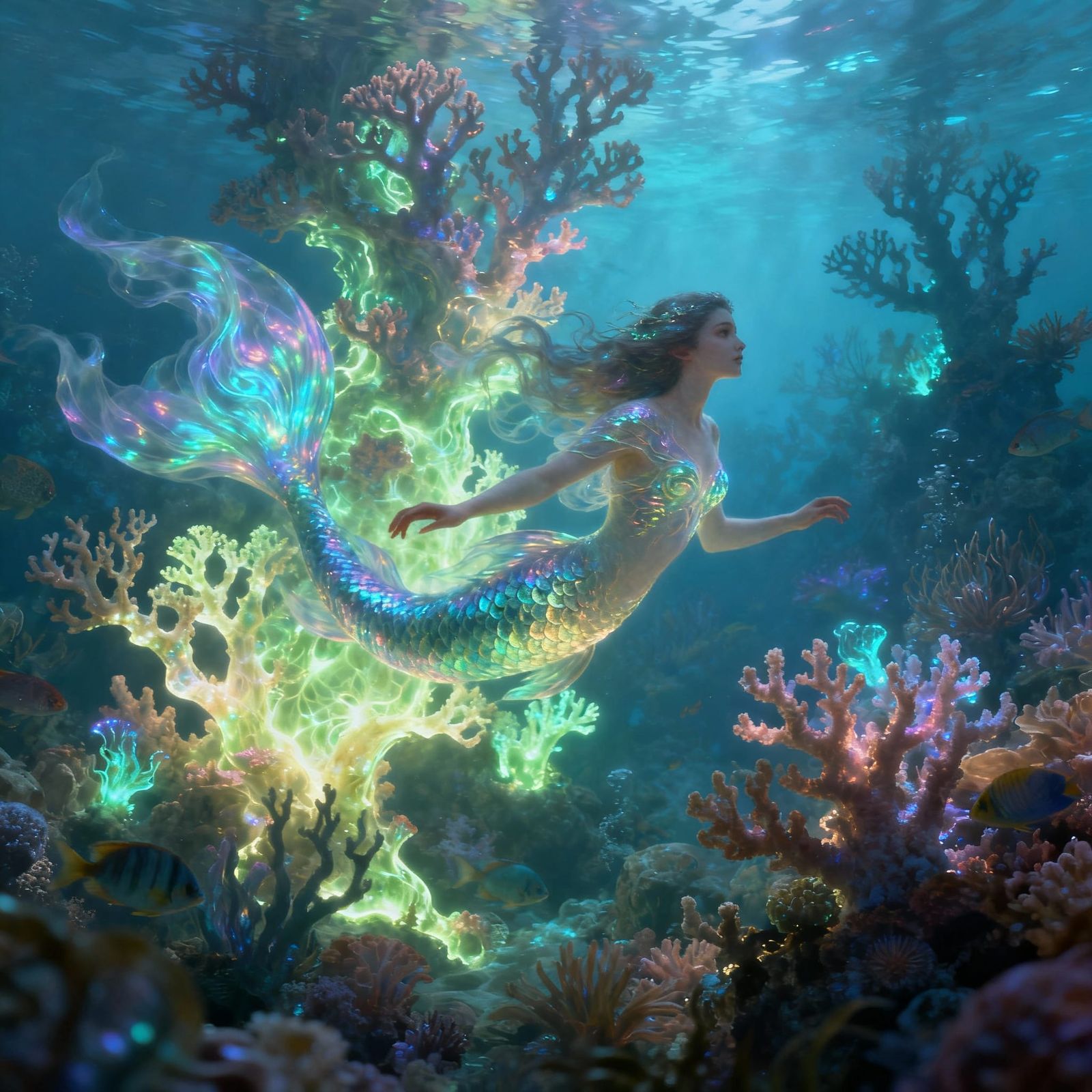 Ethereal Underwater Fantasy Art with Merfolk and Glowing Cor...