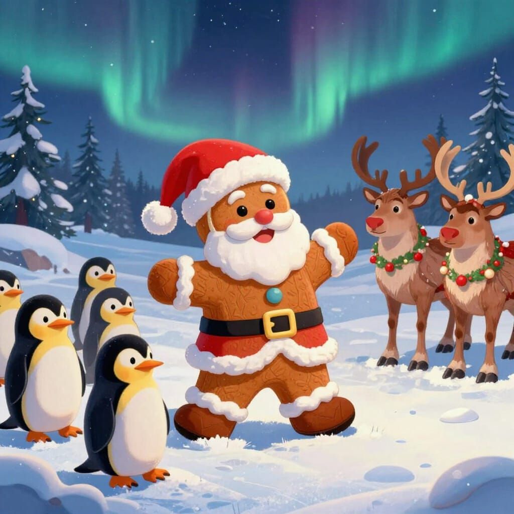 Gingerbread Santa and Penguins at the North Pole