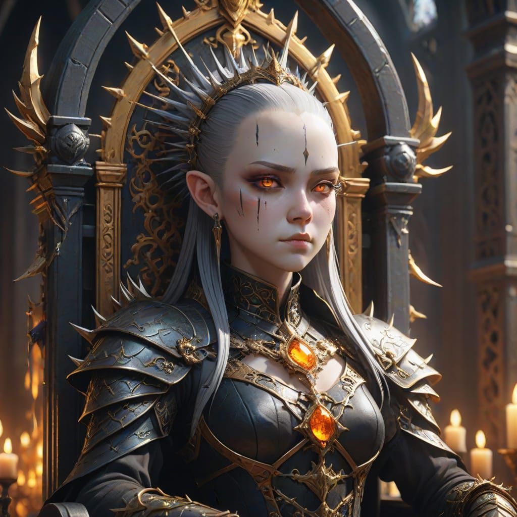 Elegant Dark Fantasy Queen Seated on a Spiked Throne
