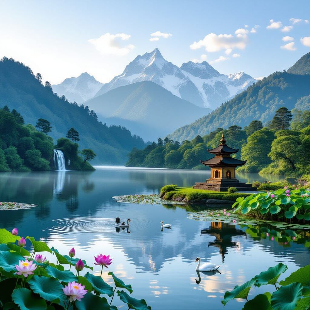 Golden Sunrise Over Green Forest and Snowy Mountains