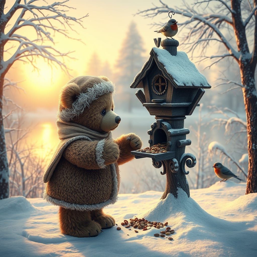 Teddy Bear Feeds Winter Birds in Enchanting Snowy Scene