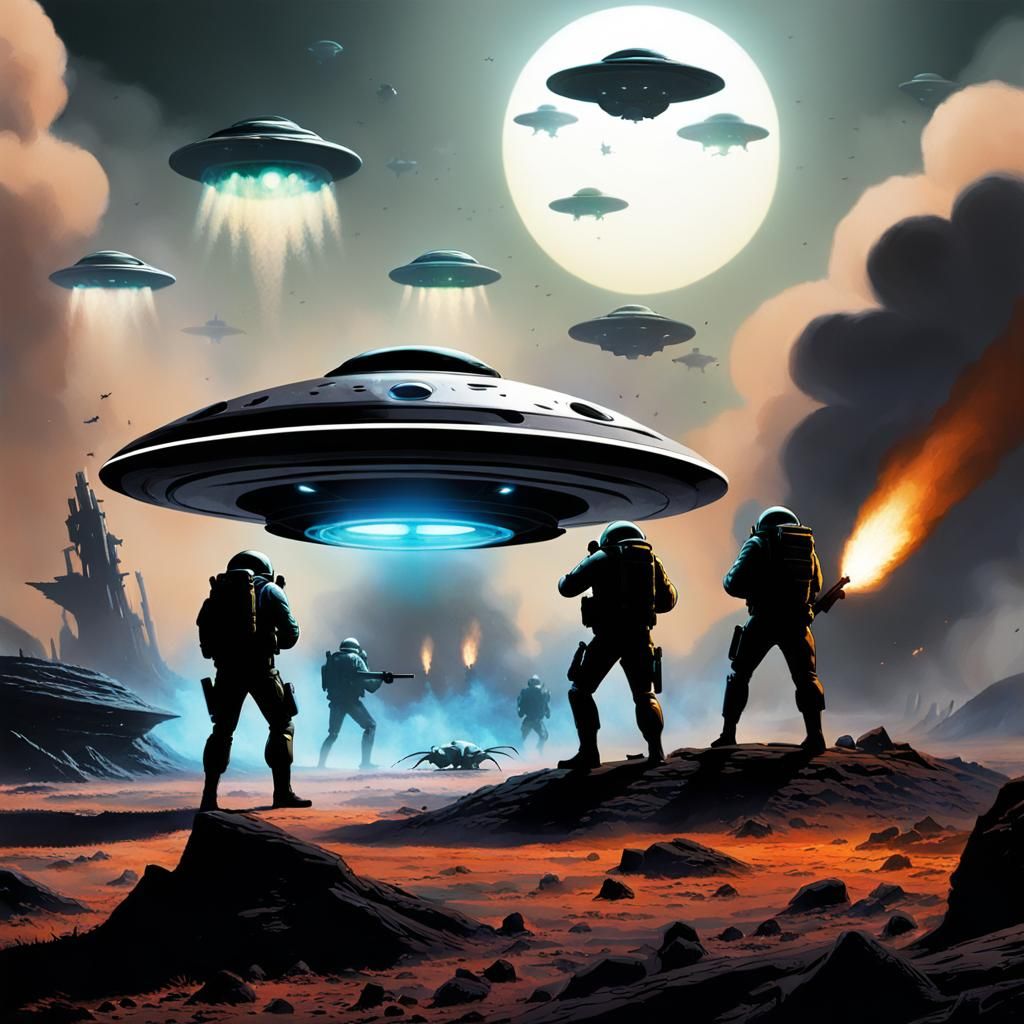 Sleek flying saucer,insect helmeted soldiers in the foregrou...