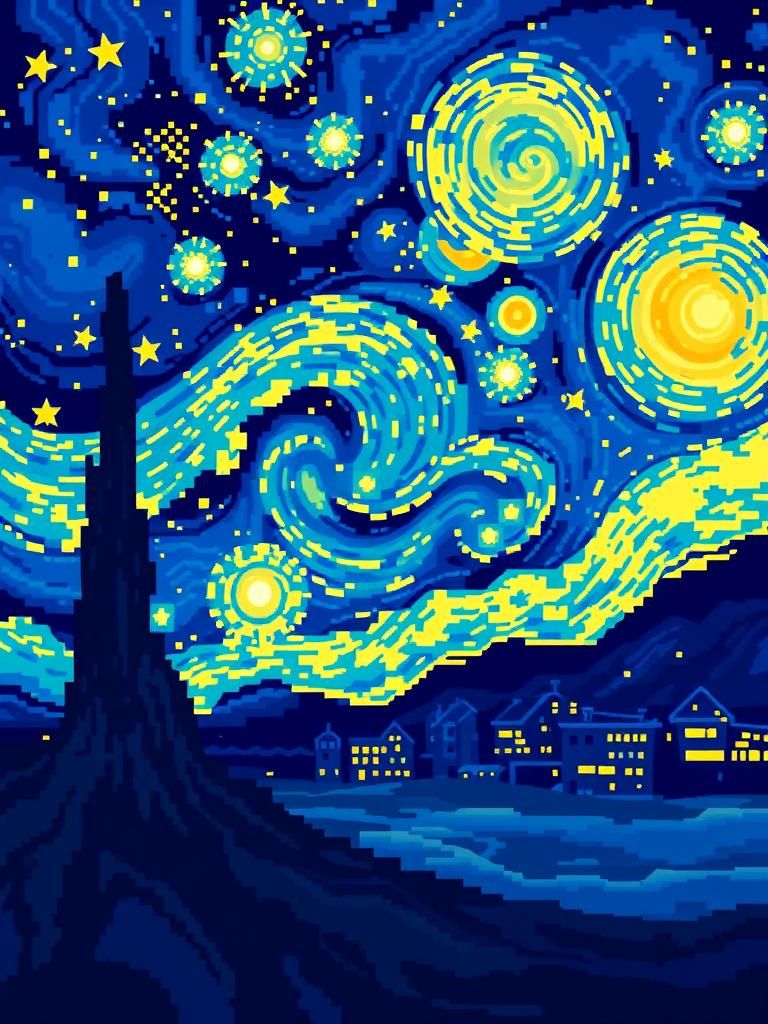 Pixel Art Starry Night: Van Gogh Remastered
