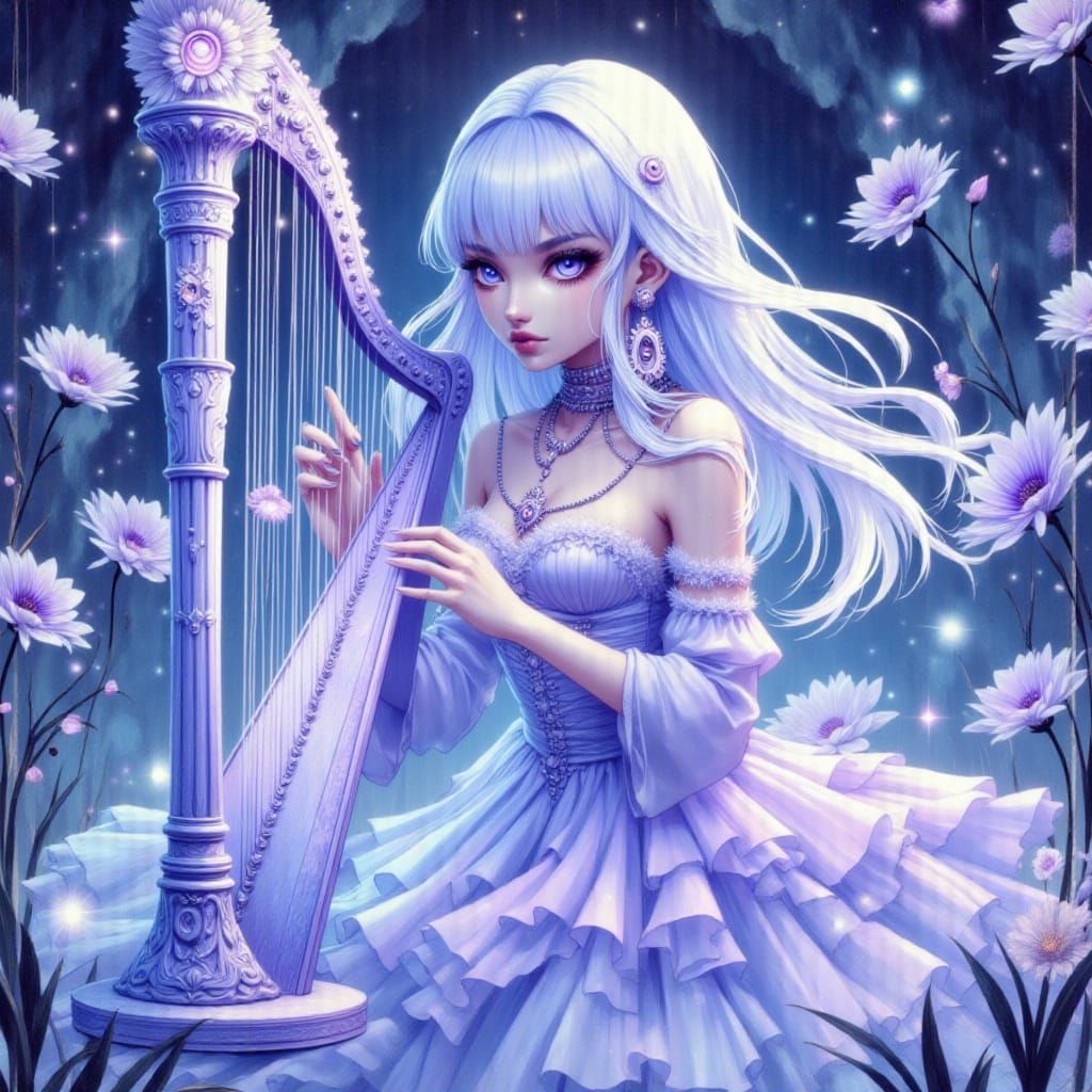 Ethereal Anime Girl Plays Harp in Glass Garden