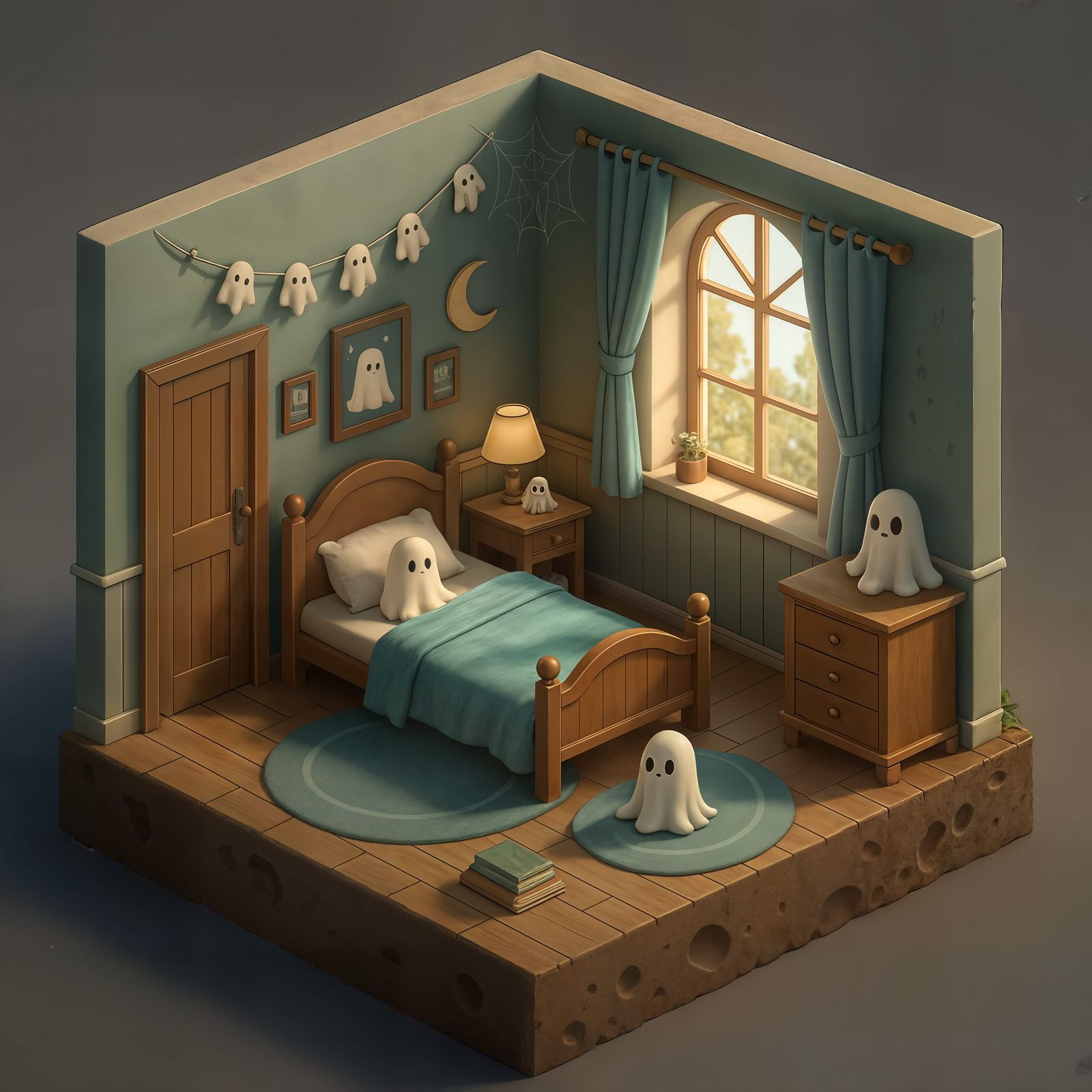 Isometric Ghost-Themed Bedroom in 3D Render