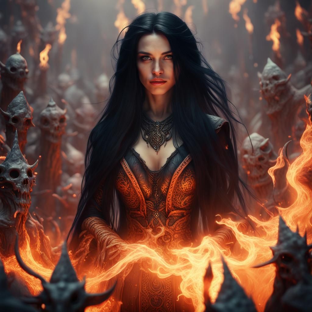 Female Wizard in Hell, Detailed Fantasy Art